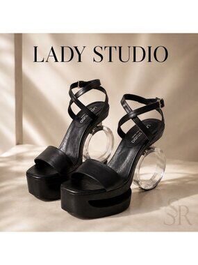 Lady Studio Black Leather Lucite Heel Platform Sandals Size 8 Ankle Strap USA